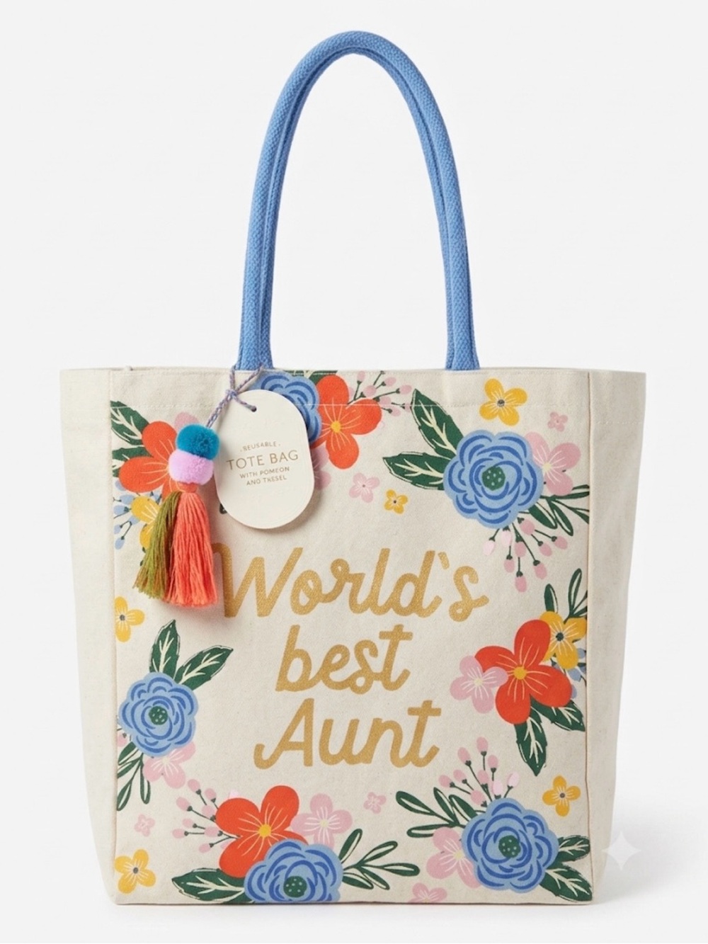 Eccolo Natural Canvas Tote with Blue Handles and Floral Accents